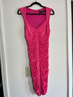 Gabrielle Lameron Pink Ruched V-Neck Midi Dress
